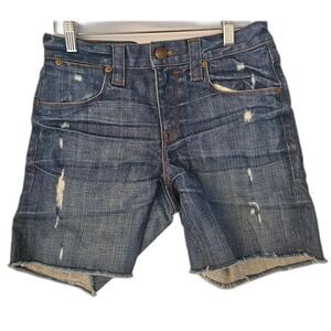 J. Crew Medium Wash Distressed Jean Shorts Size 28 Mid Length Frayed Hem